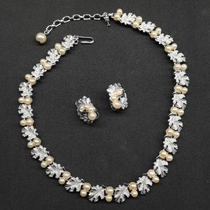Trifari Oak leaf pearl vintage demi parure necklace clip earring set crown tag
